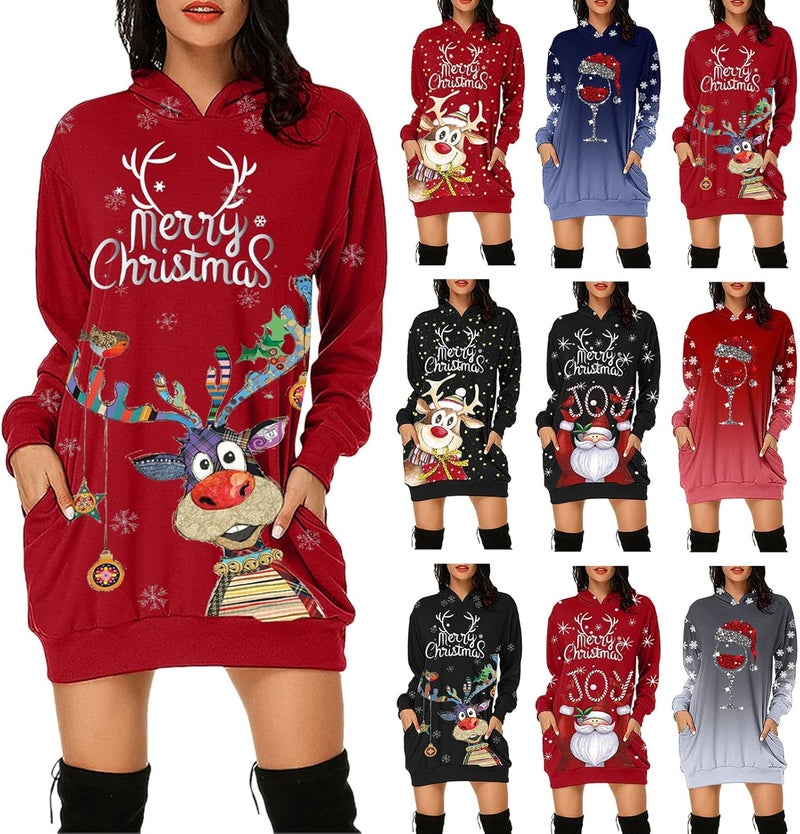 woobles Hoodie Dress, Womens Hoodie Dress Christmas Pattern Print Polyester Casual for Shopping - Image 1